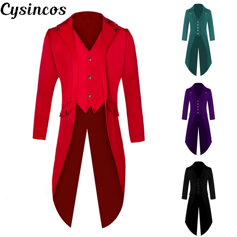 

CYSINCOS Men Vintage Suit Jacket Long Tuxedo Vintage Steampunk Retro Tailcoat Single Breasted Gothic Frock Coat Cosplay, Red