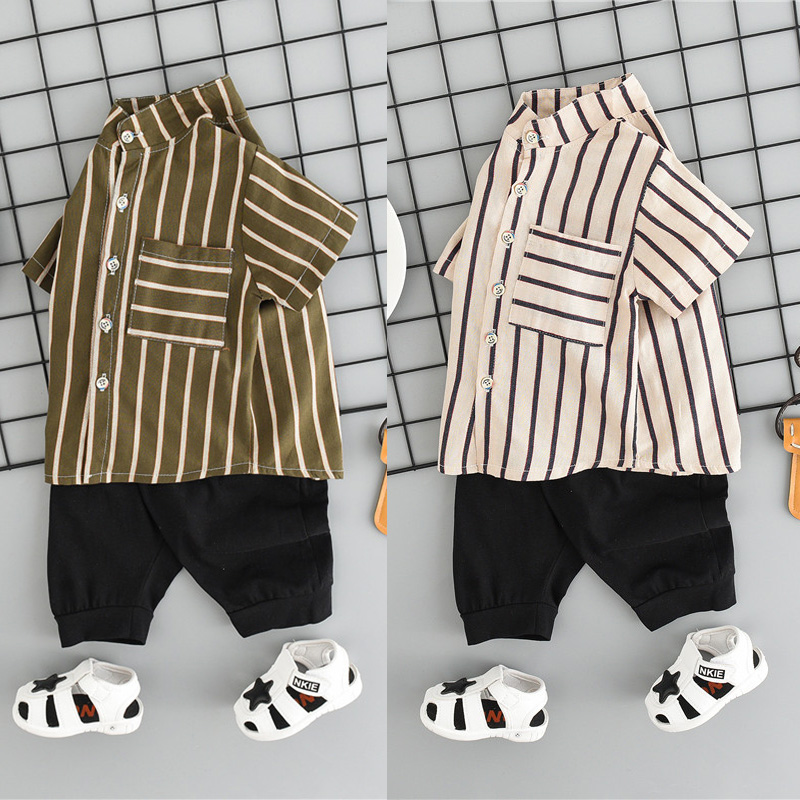 

2020 Hot sale Boy Summer Striped Print Tops Blouse Shirt+Shorts Children Casual Short Sleeve Outfits Sets