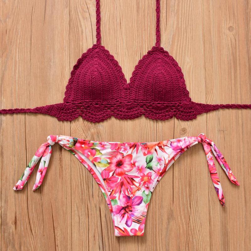 

2020 New Triangle Bikini Top Woman Hollow Out Swimsuit Crochet Wine Red Bikini Top Sexy Swimming Floral Pant Female Swimwear