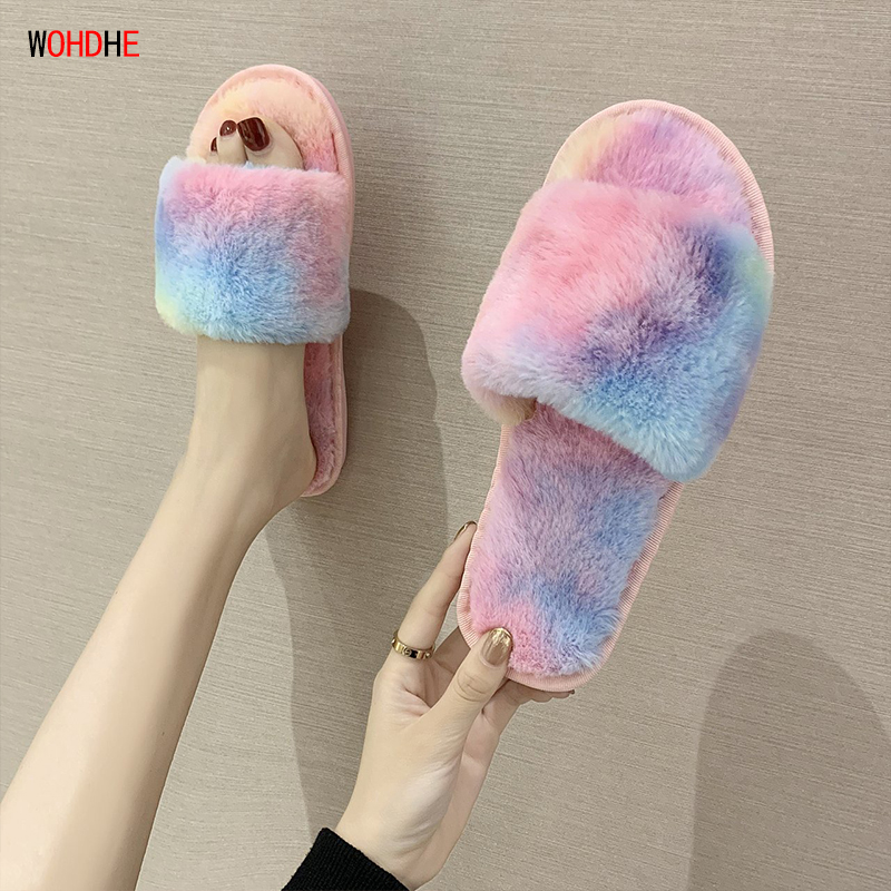 

wohdhe Comfortable Women Slippers Flat Fuzzy Open Toe Home Ladies Slides Fur Flip Flops Autumn Indoor Slippers Ladies, Green
