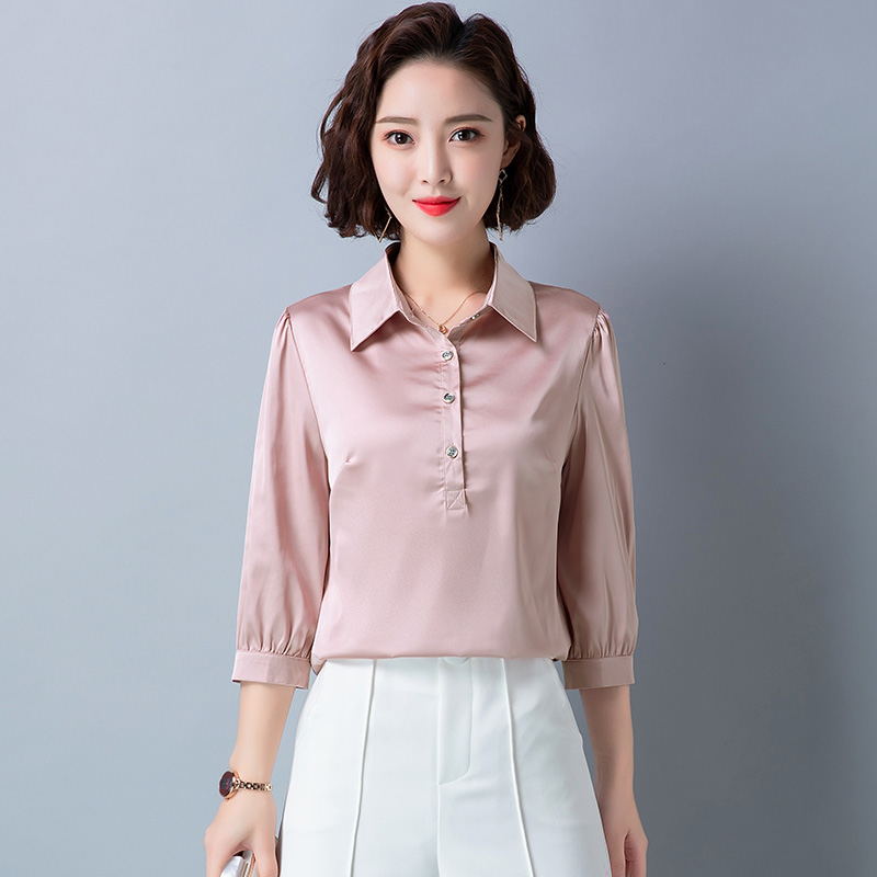 

2020 Fashion Plus Size Blusas Femininas Spring Summer Women Top Vintage Satin Silk Shirts Candy Colors Ladies Office Blouses, Pink