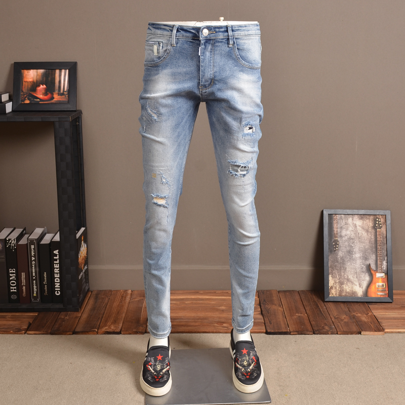 

Summer Ripped Jeans Men Casual Light Blue Jean Slim Fit Distressed Patch Denim Pants