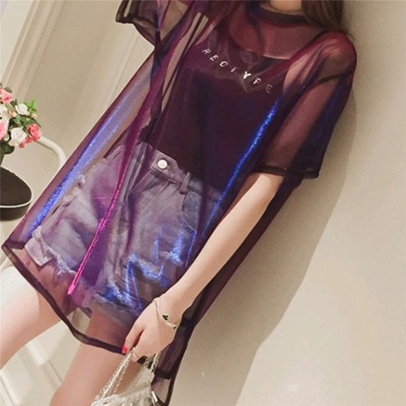 

Women' Mesh Sheer T-shirt Camisole Tops New Fashion See-through Short Sleeve Baggy Tops Wear Female Summer Loose Casual Costume, As photo show