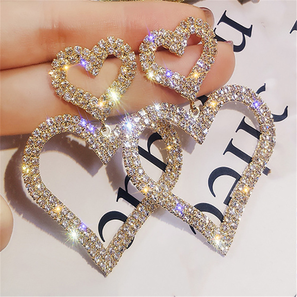

Heart Charm Earrings For Ladies Fashion Crystal Double Contracted Joker Long Women Drop Studs Jewelry Gifts, Golden