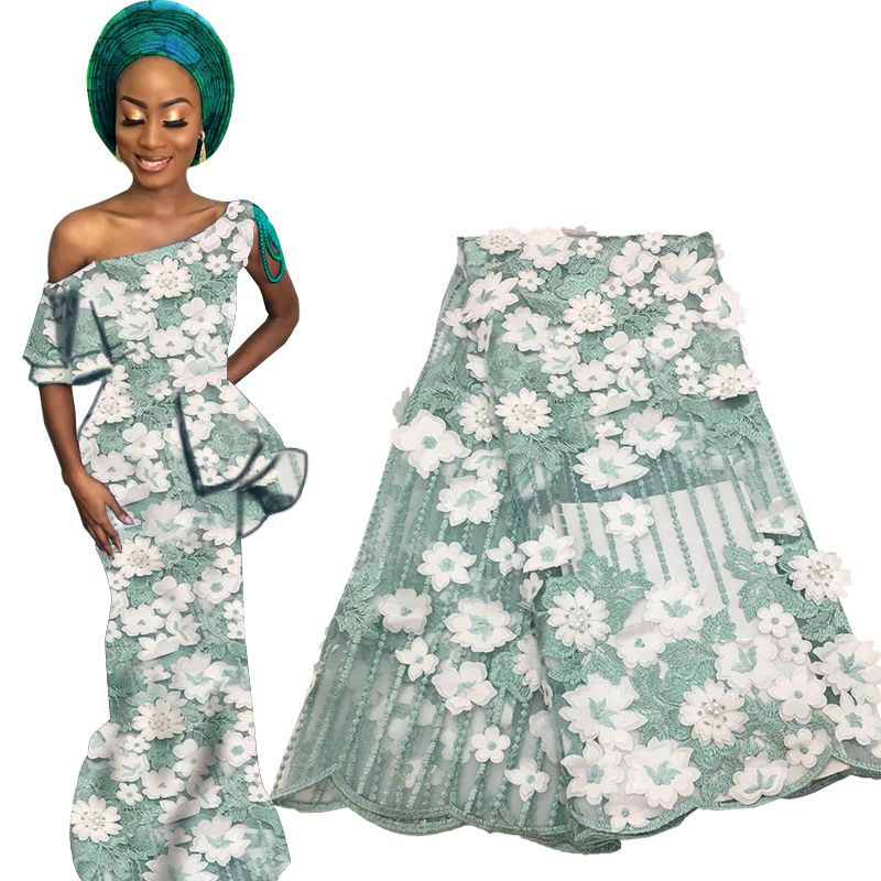 

Latest African 3D Flowers Lace Fabric French Tulle Voile Beaded Lace Fabric For Wedding Party Nigerian Bridal Laces