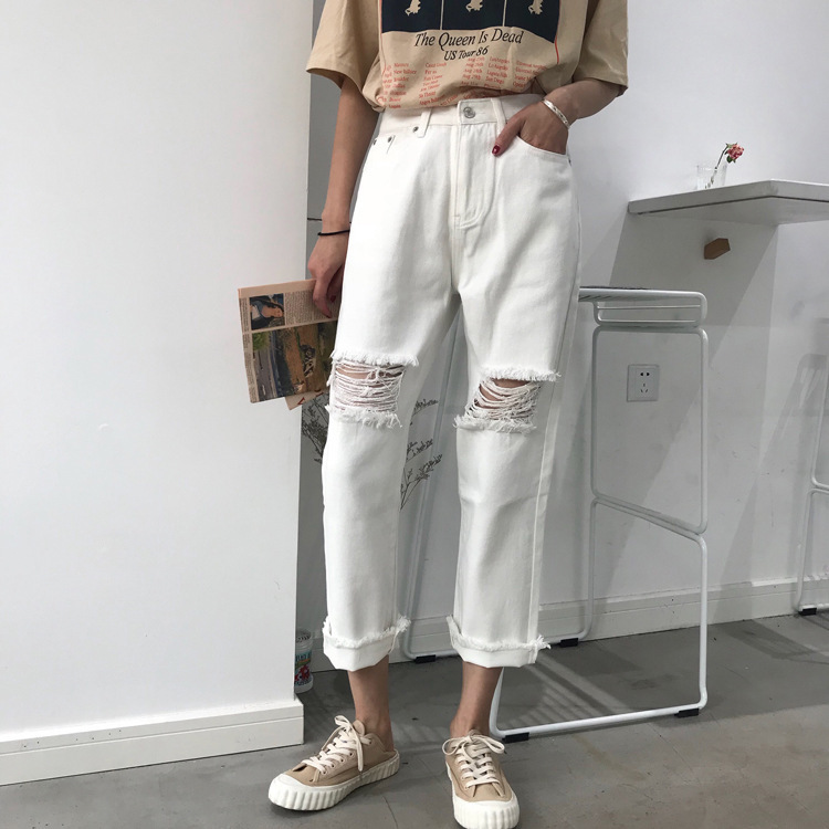 

Plus Size High Waist Hole Women Jeans Summer Casual Cotton Black White Washed Ripped Denim Vintage Pants