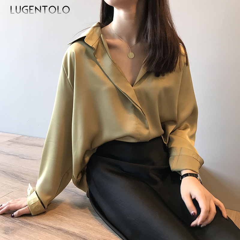 

Lugentolo Women Blouses New Autumn Temperament Satin Long Sleeve Top Loose 3 Solid Colors V-neck Elegant Casual Button Shirts, Black