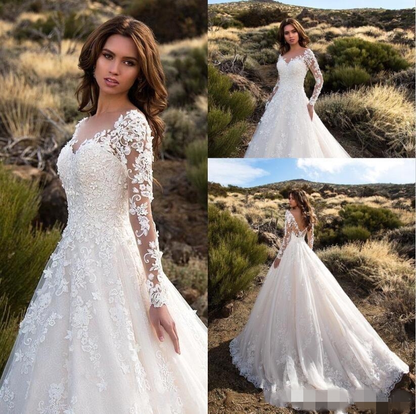 

2019 Modest Long Sleeves A Line Wedding Dresses V Neck Lace Appliqued Sweep Train Plus Size Wedding Bride Gown vestido de novia, Custom made from color chart