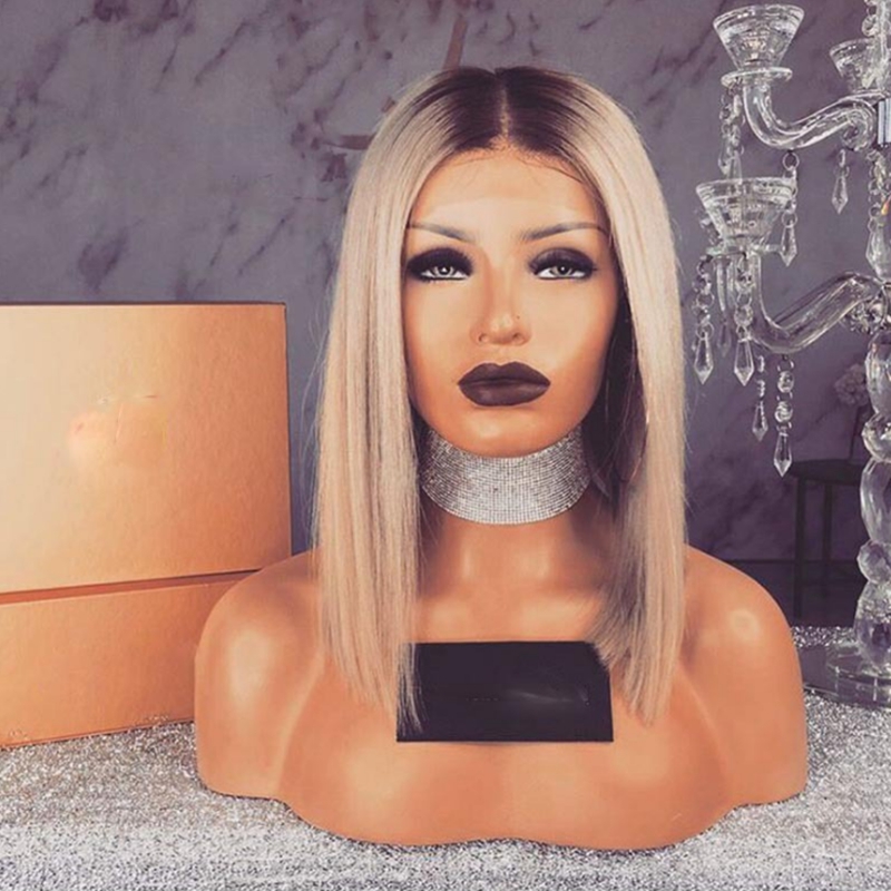 

Bob Synthetic Lace Front Wig With Natural Hairline Black Ombre Blonde Heat Resistant Short Straight Wigs For Women