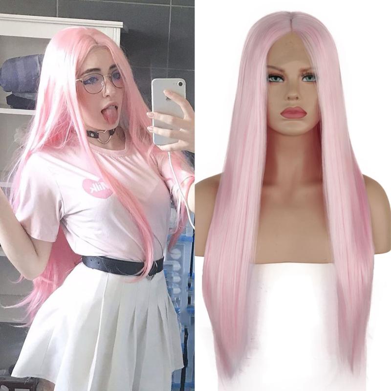 

QUINLUX WIGS Light Pink Long Silky Straight Synthetic Lace Front Wig Lolita Wigs For Women/Girl Daily Use Or Cospaly Heat Fiber, As pic