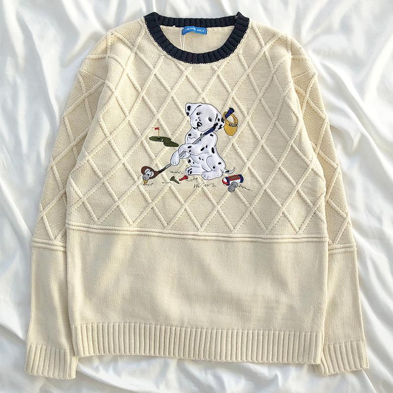 

Vintage funny embroidery dog hit color o neck loose knitted pullover sweater, Beige
