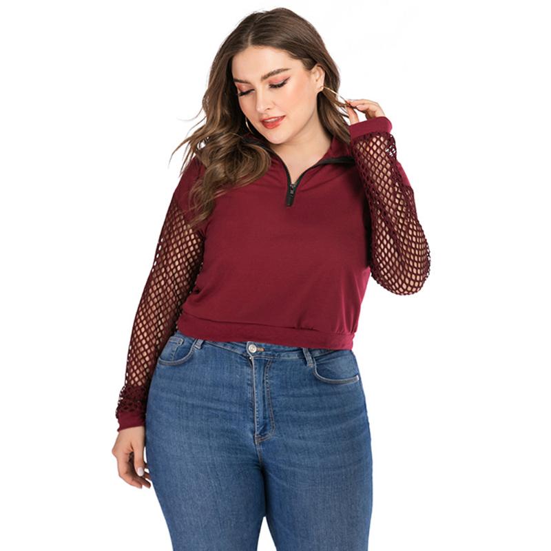 

New Fashion Plus Size Women Hoodies Zipper Stand Collar Fishnet Long Sleeves Short Tops Spring Casual Women Large Size Hoodies, Burgundy tops