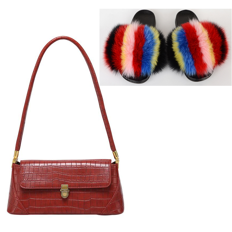 

Women PU Handbag Rainbow Fur Slippers Fashion Casual Fluffy Plush Fur Slides Ladies Colorful Beach Flip Flops Hot, Faux fur