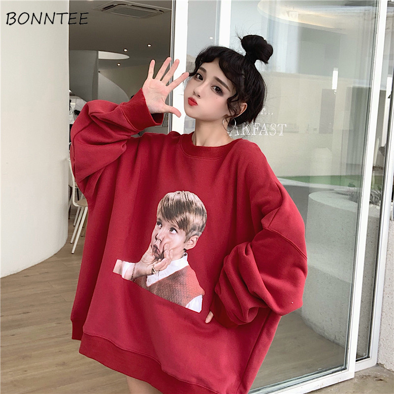 

Hoodies Women O-Neck Oversize Korean Style Harajuku Clothes Womens High Quality Streetwear Students Black All-match Ladies Chic