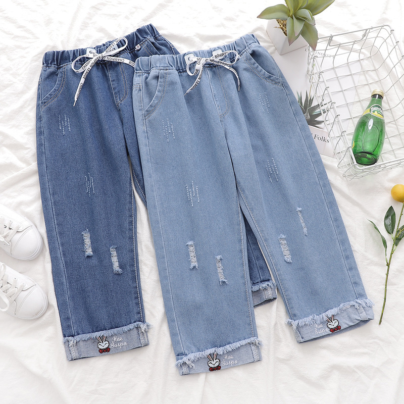 

Japanese Cartoon Embroidery Girls Department Straight Leg Panls Cute Spring and Summer New Schoolgirl Jeans, Light blue