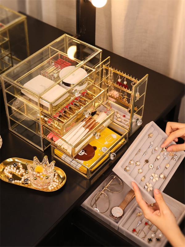 

Retro Glass Jewelry Storage Box Ring Necklace Earrings Finishing Box For Women Earring Ring Cosmetic Organizer Casket