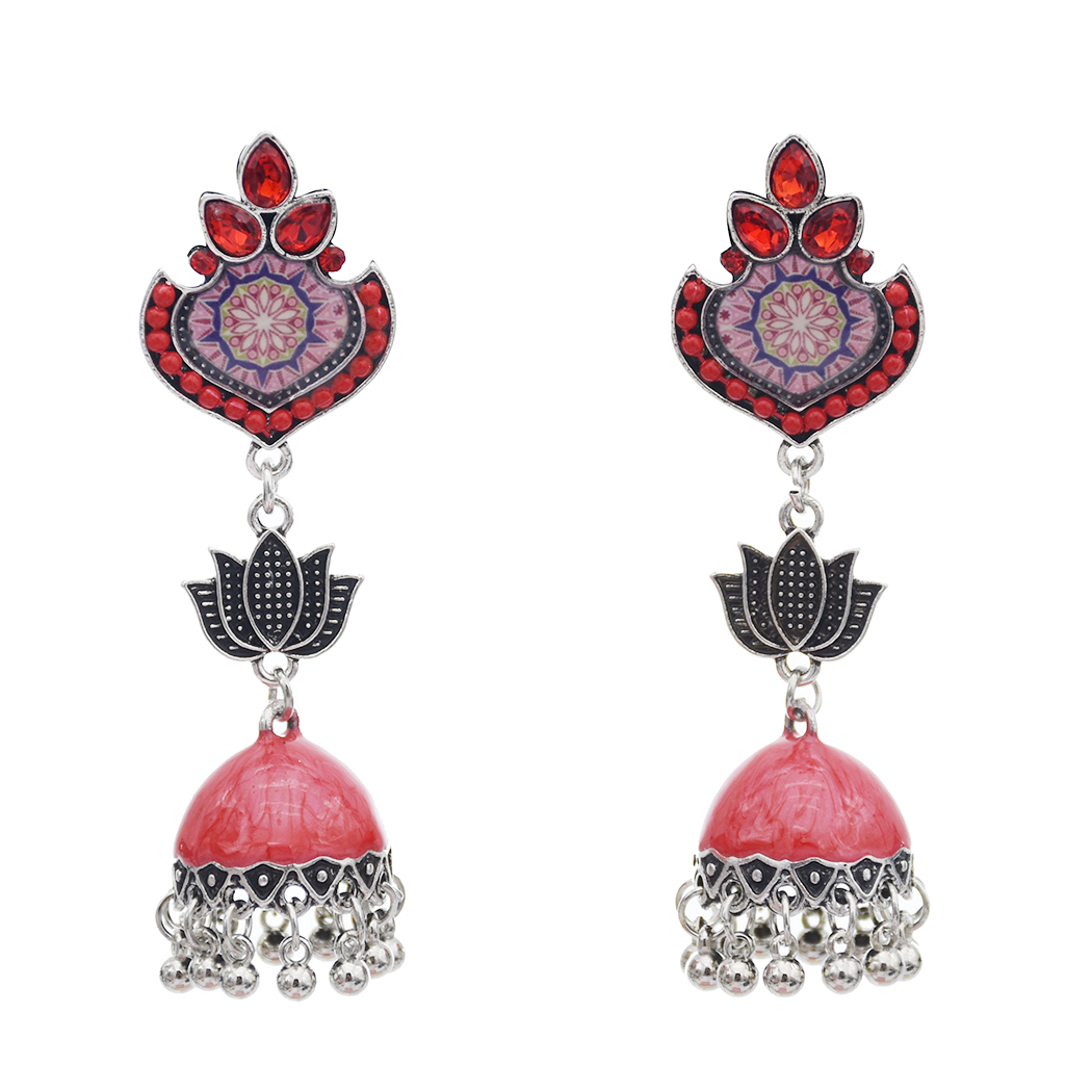 

India Style with Glass Lotus Pattern Color Enamel Tassel Dangle Earrings for Woman Charms Jewelry Wedding Gift
