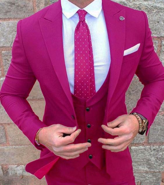 New Arrival Hot Pink Slim Fit Men Wedding Tuxedos Peak Lapel One Button Groom Tuxedos 2019 Style Men 3 Piece Suit(Jacket+Pants+Tie+Vest)2067