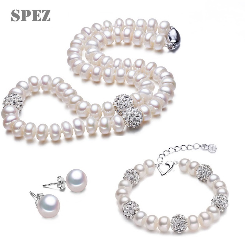 

beautiful trendy Pearl Necklace Set Real Natural Freshwater Pearl Jewelry Sets 925 Sterling Silver Earrings Bracelet For Women, As pic