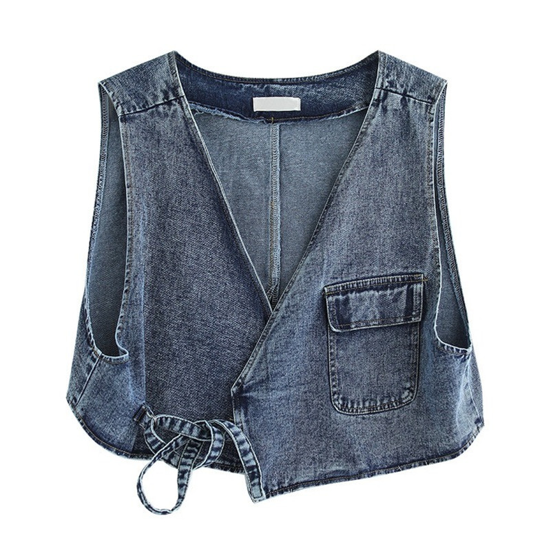 

Spring New Solid Color Artistic Fashion Retro Personality Loose Irregular Thin Belt Denim Short V-neck Vest Outer Top Female, Black
