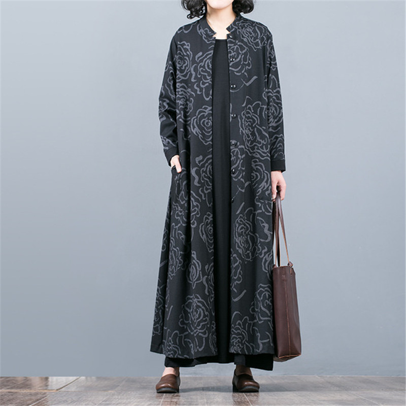 

2019 New Spring Autumn Large Size Women's Clothing Casual Long Printed Cardigan Trench Coat Female Windbreaker Outerwear XA127, Black