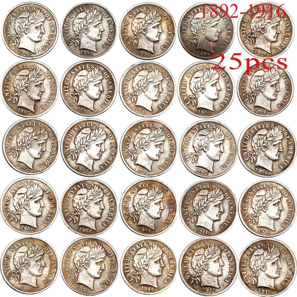 

25pcs USA copy Coin 1892-1916 Barber Dime Different Years Copper Plating Silver Coins Set