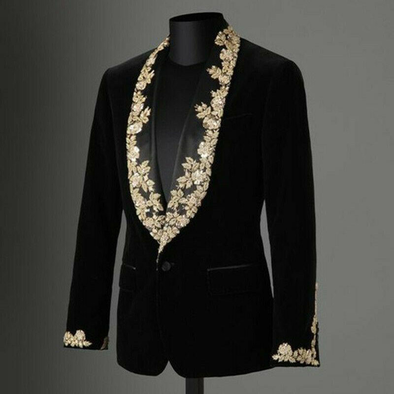 

High Quality Winter Black Men's Velvet Suit Gold Lace Appliques Shawl Lapel Slim Blazer Formal Evening Wear Plus Only One Jacket, Same as image