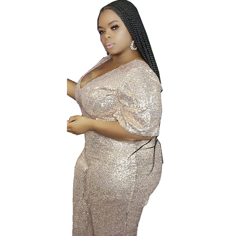 

New popular women sequin jumpsuit sexy autumn winter women shiny plus size overalls lady sexy romper pant LYF1074, Beige