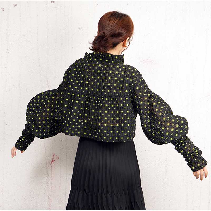 

DEAT 2020 lantern sleeves ruffles collar pleated green polka dots A-line short shirt high quality blouse WL99406L, Black custom