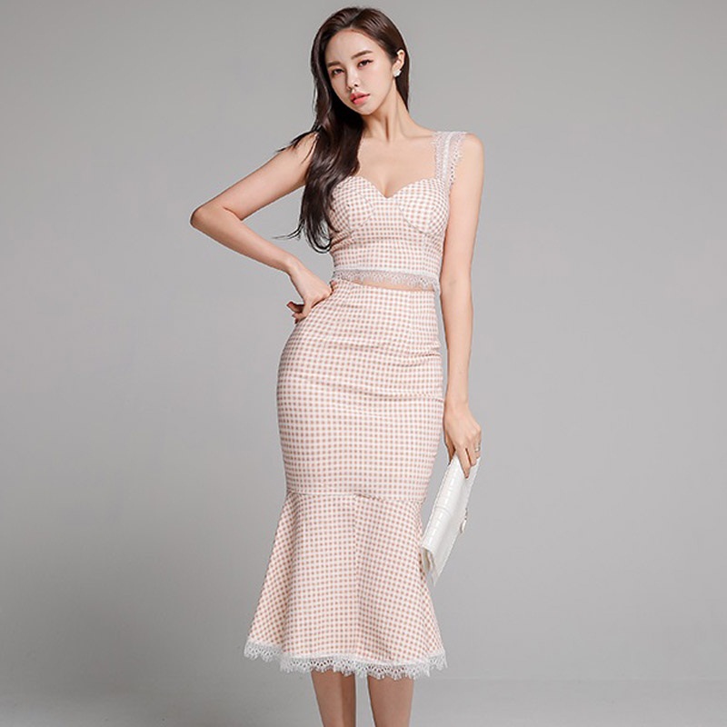 

New Arrivals Summer Two Piece Set Women Sleeveless Slim Sexy Tops And Lace Patchwork Pink Skirt Elgants Korean Office Lady Suit
