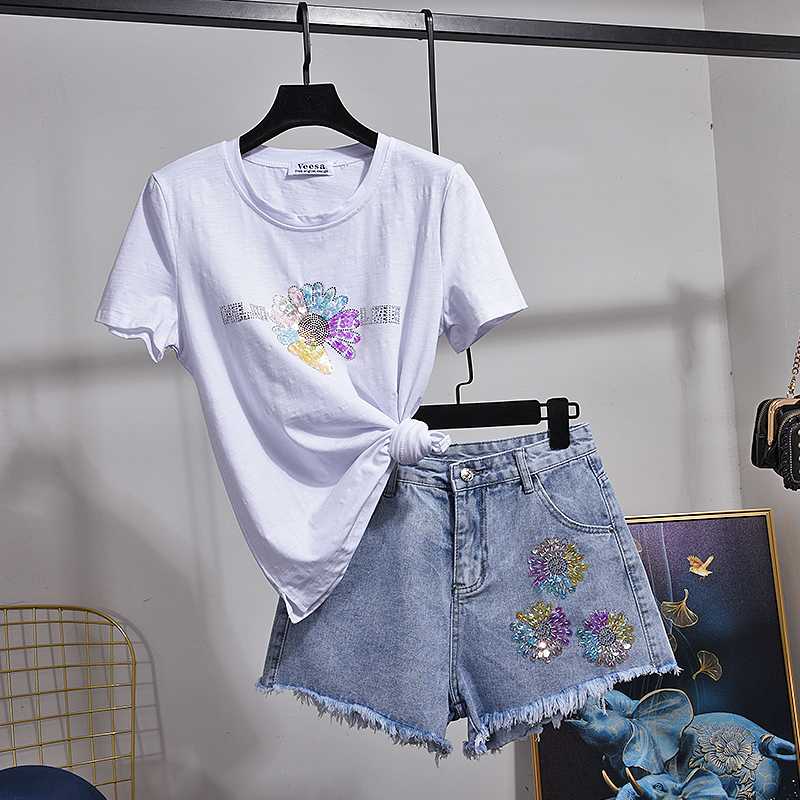 

2020 Summer Women Fashion Sequins Small Daisies Cotton Short Sleeve T shirt + Two Piece Set Denim Shorts Womens Clothing H166, White