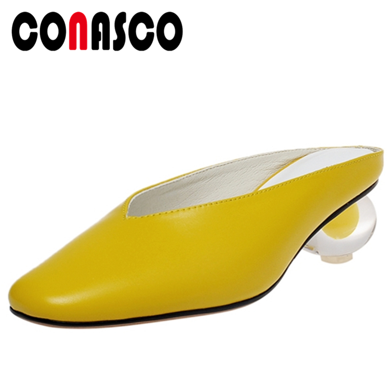 

CONASCO Woman Sandals High Heels Slippers Concise Casual Mules Genuine Leather Fashion Shallow Round Toe Shoes Woman Summer New, White