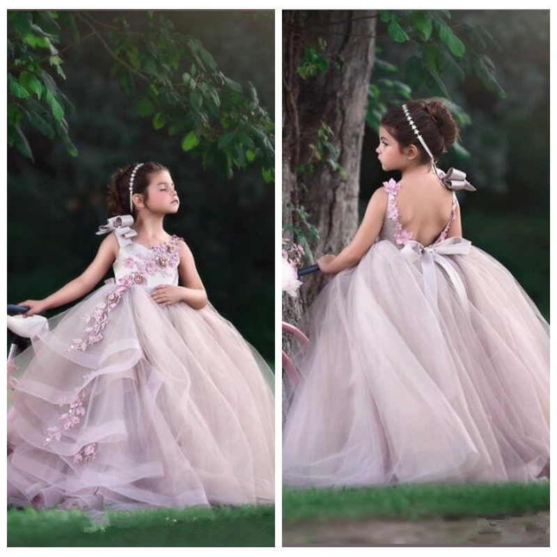 

Cute 2020 Spaghetti Ball Gown Flower Girls Dresses Tulle Flowers Appliques Girls Pageant Party Gowns 2020 Formal Communion Birthday Dress, Custom made from color chart