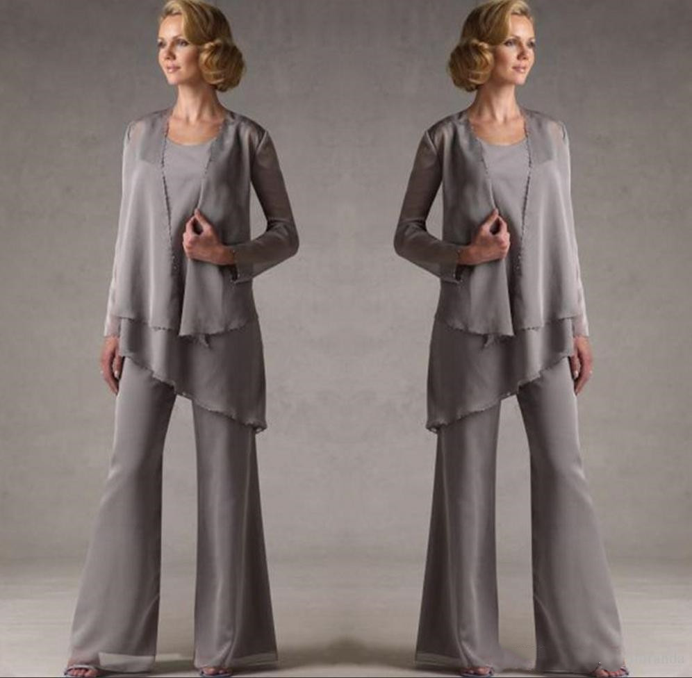 

2020 Mother Of The Groom Grey Chiffon Bridal Mother Bride Pant Suits With Jacket Women Evening Pant Suits Long Sleeve Evening Dresses MOF013