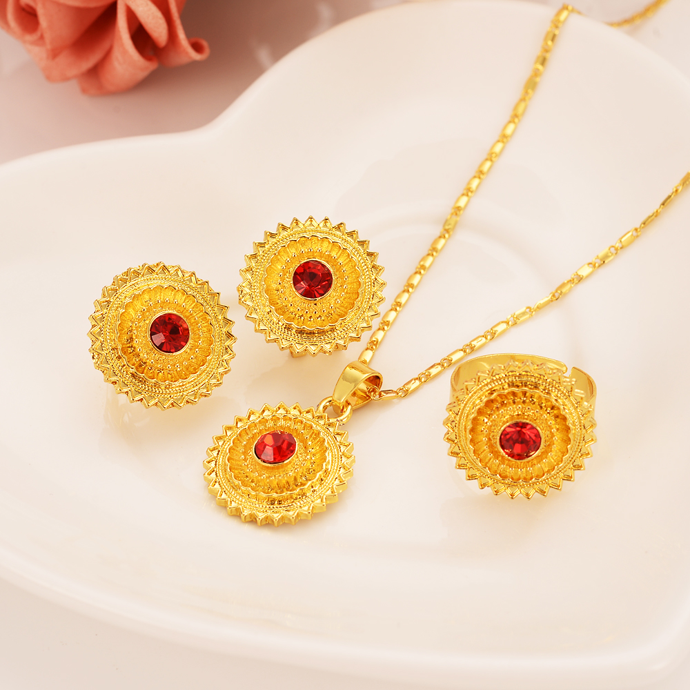 

Ethiopian Jewelry red crystal cz Sets Necklaces/Clip Earrings/Ring Gold Color Africa Bride Wedding Habesha Eritrea party Gift, Golden