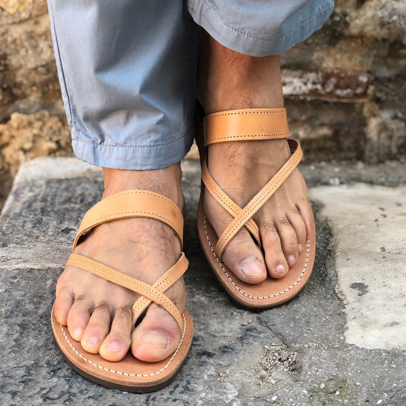 

Leather Sandals Men 2020 Summer Casual Greek Outdoor Beach Sandals Summer Men Flat Shoes Retro Roman Slippers Plus Size 39-48, Khaki
