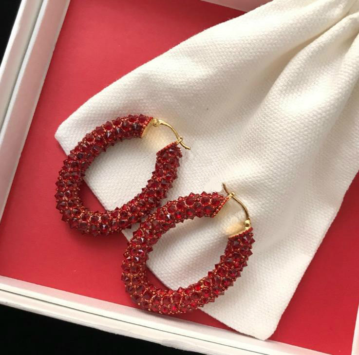 

European jewelry earrings ellipse Full of diamond red hoop earrings women banquet party accessories wedding jewelry