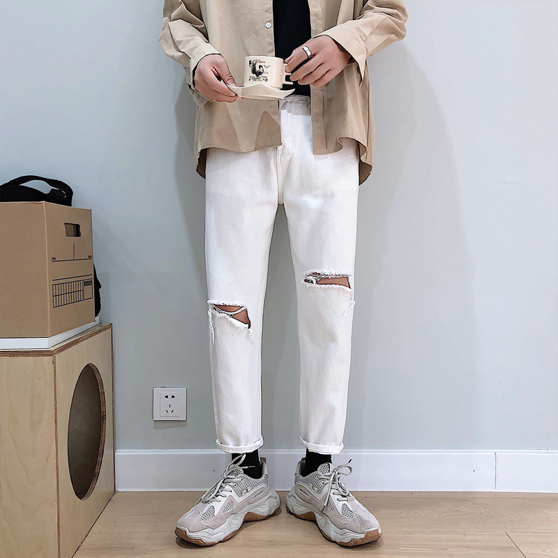 

Summer Black White Jeans Men's Slim Fashion Washed Casual Ripped Jeans Men Streetwear Wild Hip Hop Hole Denim Trousers Mens