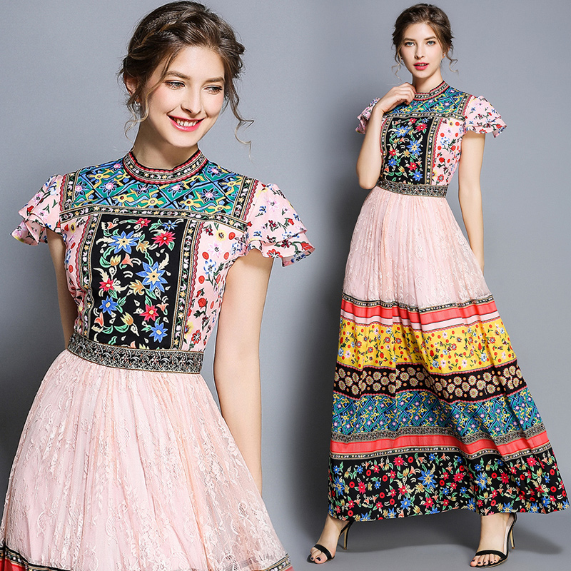 

Top New Design Luxury Women's Vintage Floral Print Stand Collar Beach Pleated Dress Office Ladies Sexy Slim Short Sleeve Party Evening Dress, Black;pink