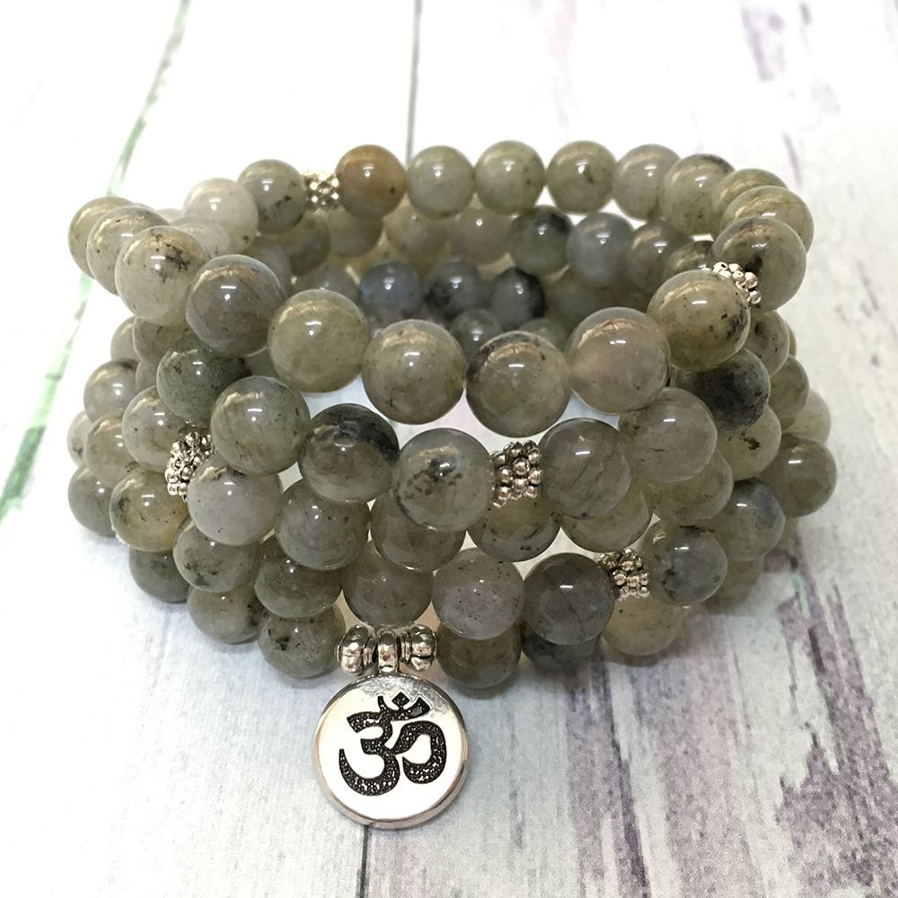 

MG0584 Natural Labradorite 108 Mala Women`s Necklace 8 mm Gemstone Ohm Charm Bracelet Personal Power Yoga Bracelet