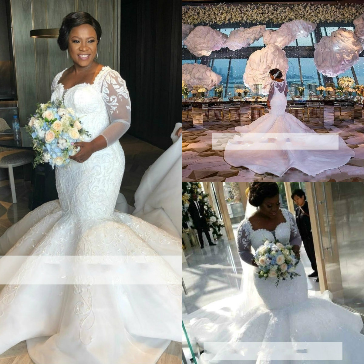 

2019 Plus Size Wedding Dresses Lace Appliques Square Neck Long Sleeves Mermaid Bridal Gowns Sweep Train Beach Modest Wedding Dress Cheap, Custom made from color chart