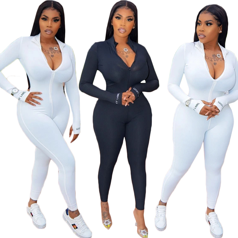 

High Elastic Fitness Rompers Womens Jumpsuit Deep o Neck Full Sleeve Bodycon Overall Streetwear Black White Club Party Body Suit