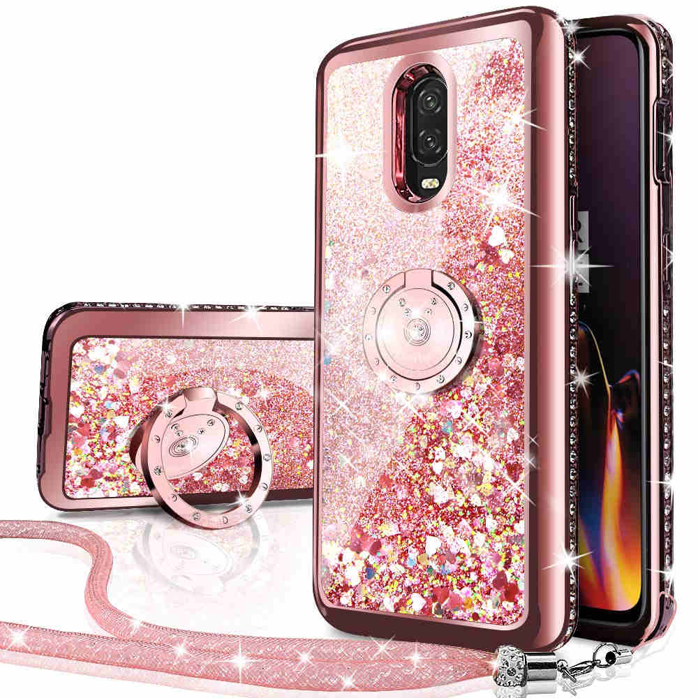 

OnePlus 6T Case,Bling Diamond Rhinestone Moving Liquid Holographic Sparkle Glitter Cases with Kickstand Cover for Girls Women, Rose gold