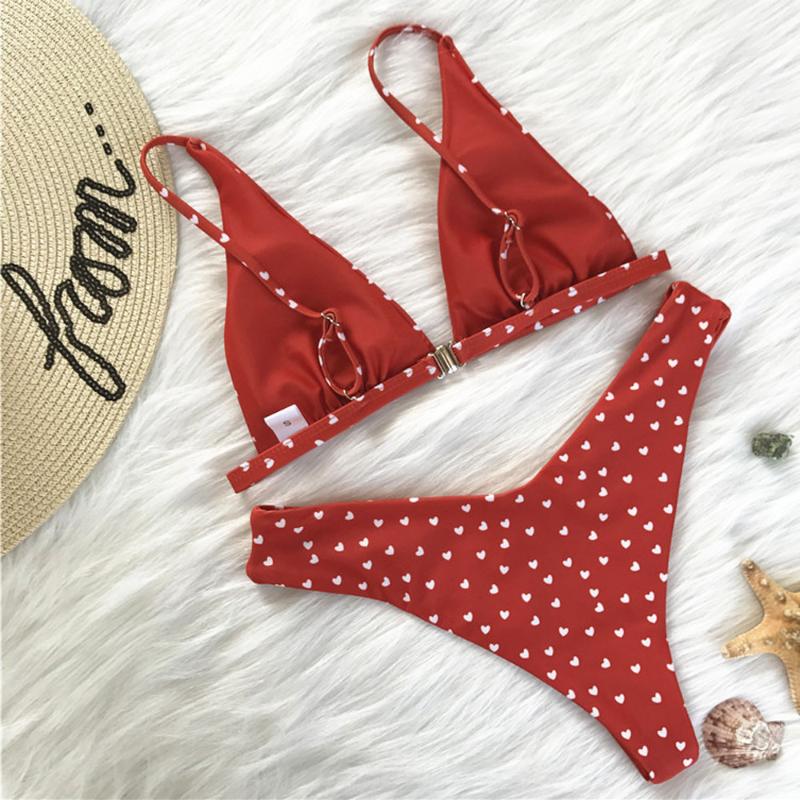 

30^Red bikinis Swimwear Women Swimsuit Biquini Love Printing Set Push-Up Padded Bra Beach Bikini Set Summer Beachwear