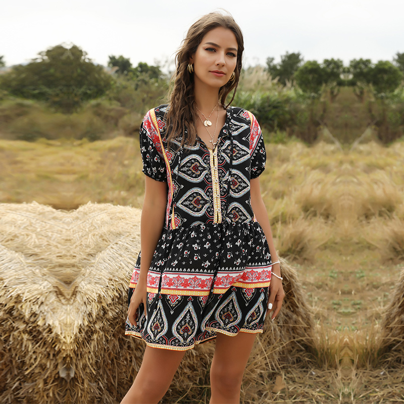 

Spring Summer Casual Playsuits Women Lace up Loose Sweet Short Sleeve Print Playsuits, Yellow