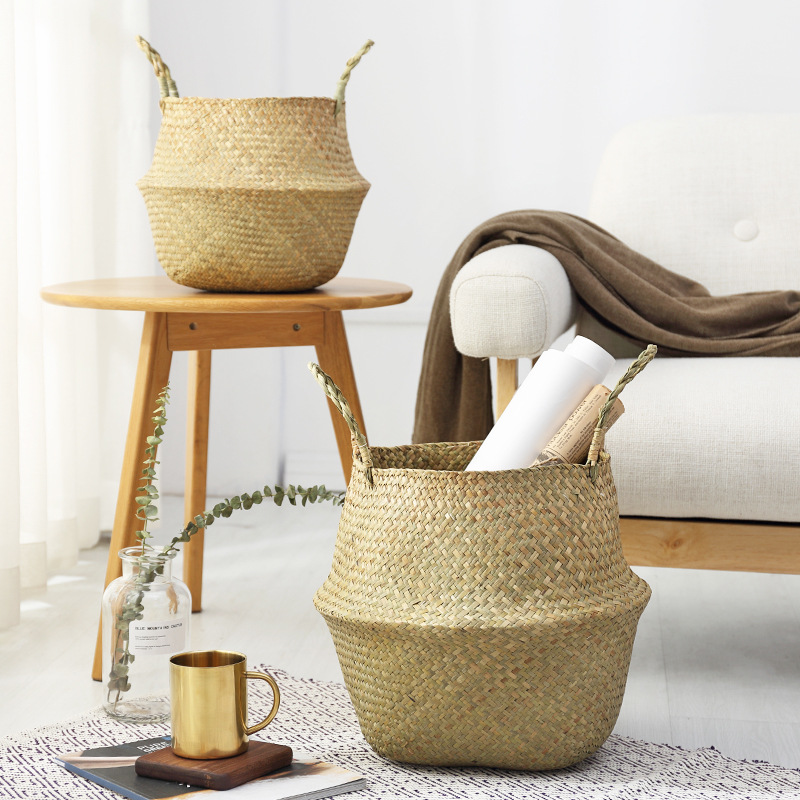 

Natural Seagrass Storage Baskets Folding Flower Planter Pot Handmade Straw Wicker Rattan Laundry Picnic Basket Home Garden Decor