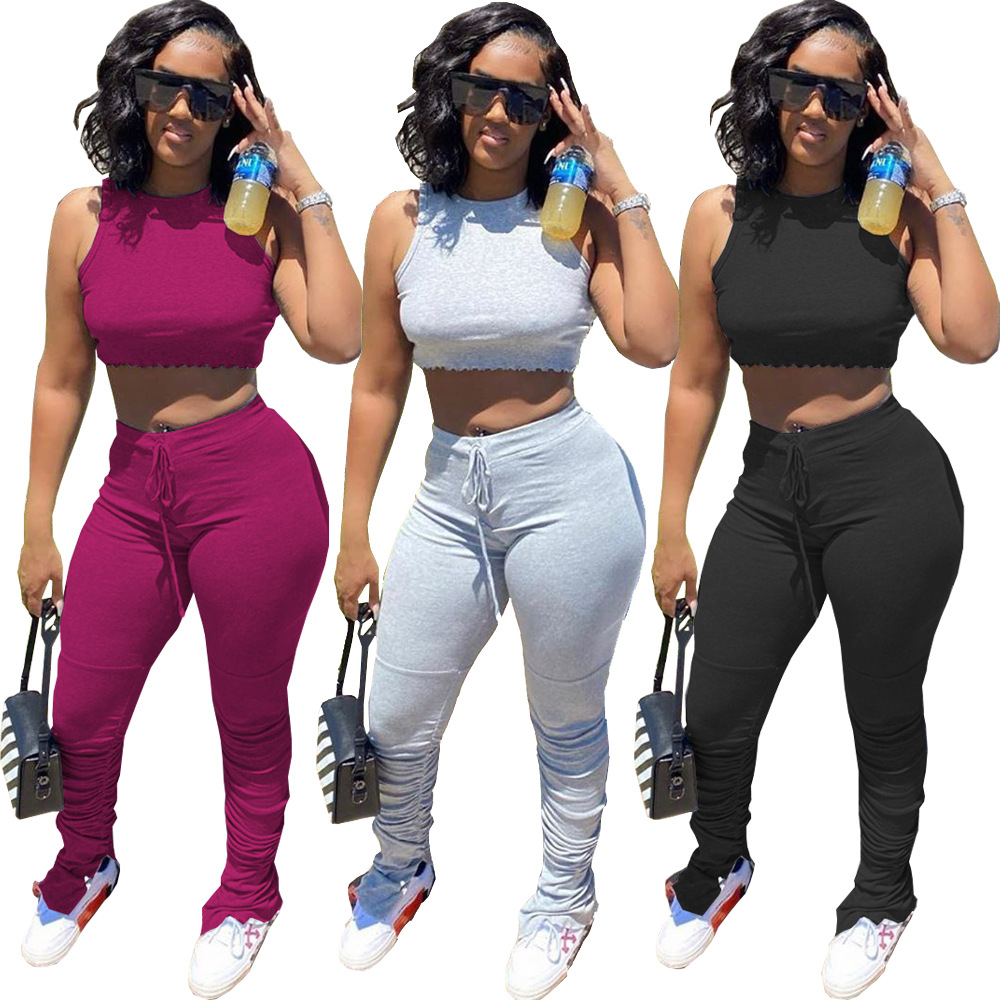 

Designer Women Clothes Two Pieces Sets Summer Tracksuits Sleeveless Crop Tops T-shirt Skinny Leggings Pants Drawstring Suit Fitness Outfits, Wine red