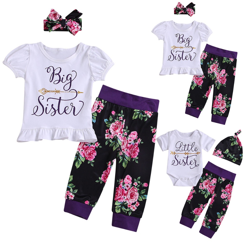 Conjunto de Conjuntos de Diadema Mameluco de Manga Corta a Juego Big Little Sister de Baby Girls Pantalones Florales 
