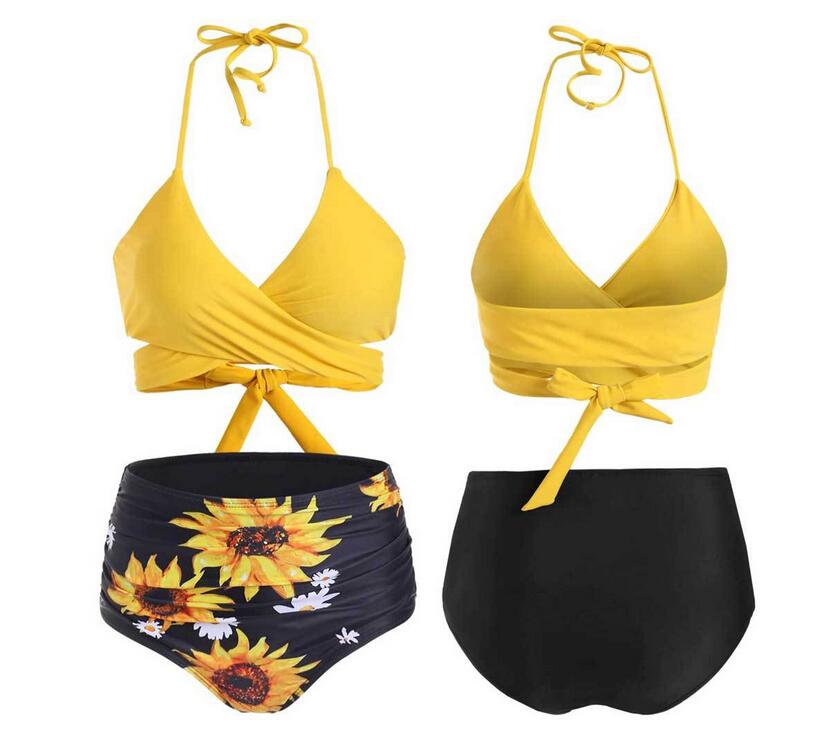 

Sexy New Womens Swimwear Bikini Printed Sunflower Summer Ladies Chest Cup Tie Belt Size M-XL, Yellow