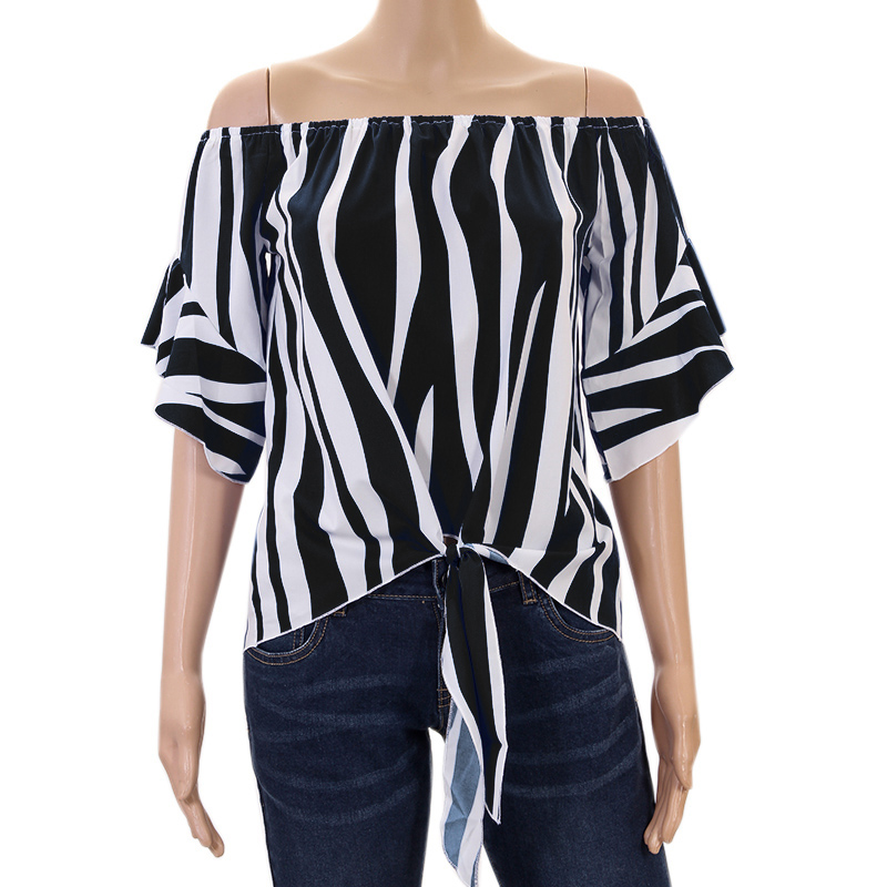

Summer Ruffle Short Sleeve Blouse Women Striped Black White Top Sexy Off Shoulder Shirt Blusas Kawaii Chiffon Tunic 2020 WS7606V